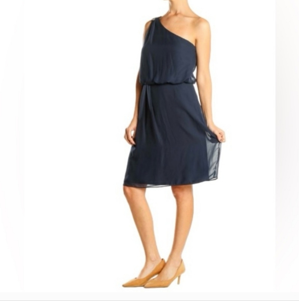 Adrianna Papell  One Shoulder Chiffon Cocktail Dress Navy Blue Size